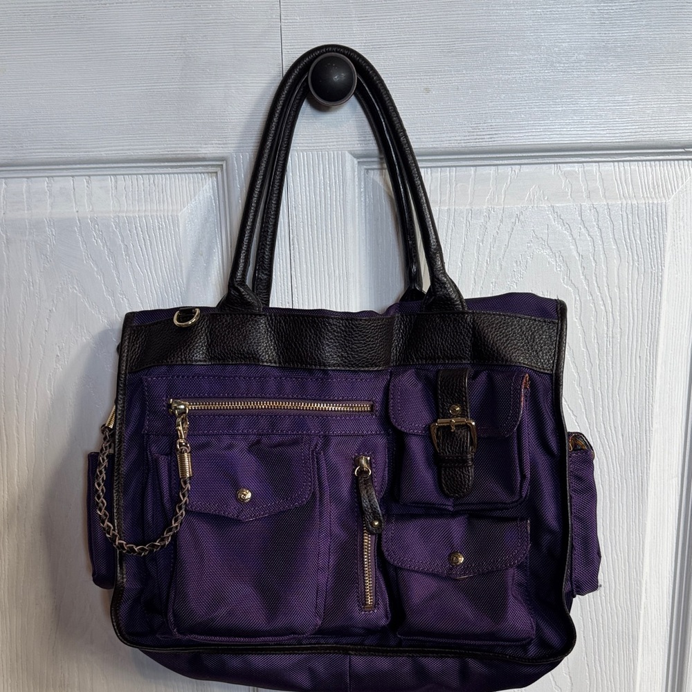 JPK Paris 75 Nylon Purple Messenger Tote with Dark Brown Leather Trim